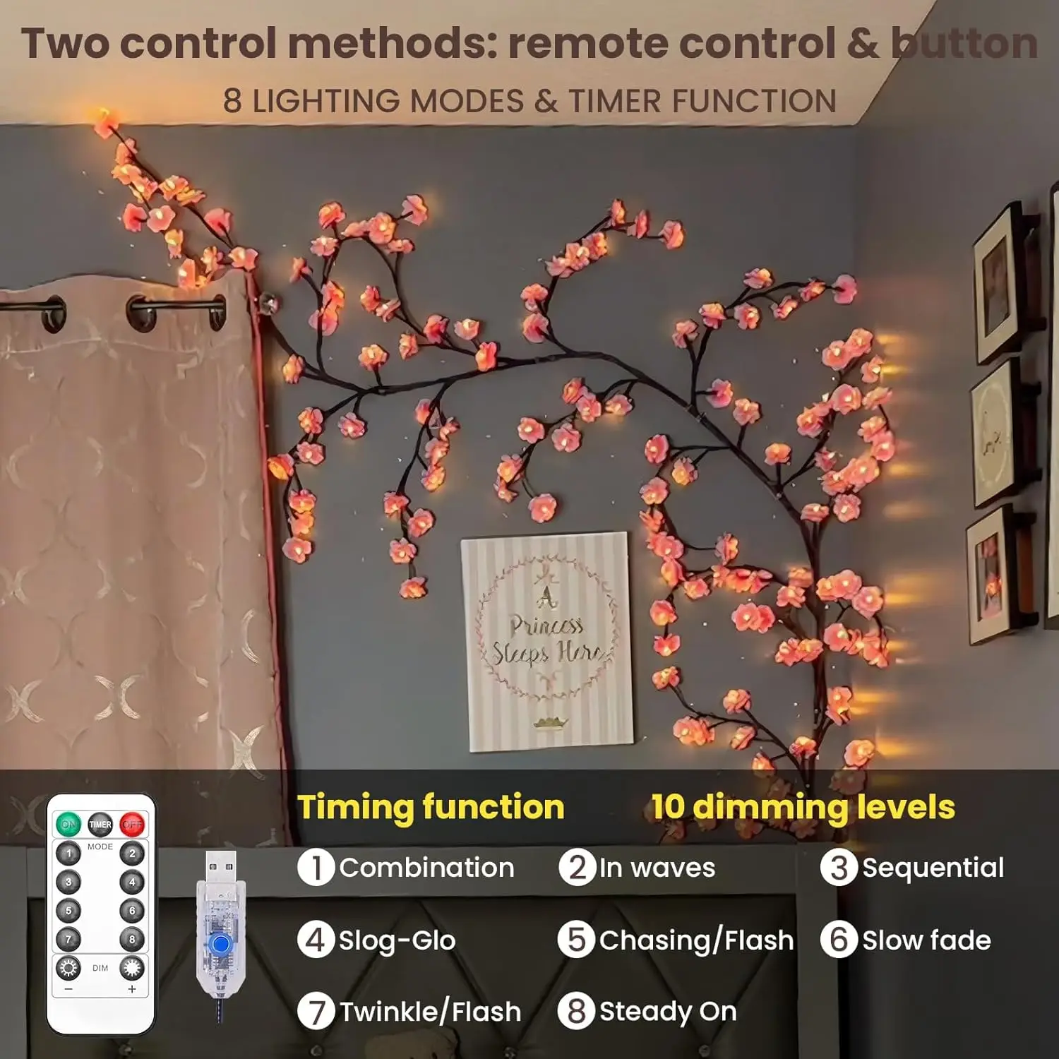 Cherry Blossom Willow Vine Twi - Wall Decor Lighting Tree recension och pris